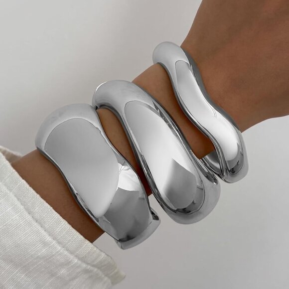 Chunky Gold Bangles Alloy 3pcs Stackable Irregular Cuff Statement Jewelry - Picture 3 of 6